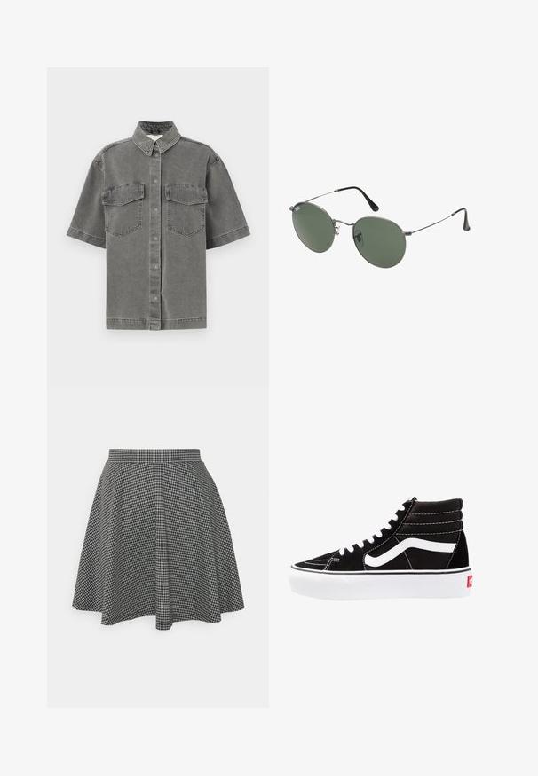 Lyhythihainen harmaa farkkupaita, jossa on kaulukset, kaksi rintataskua ja nappisuljenta. Matalan kontrastin rakenne ja normaali istuvuus.; Musta-valkoinen ruudullinen skeittihame, jossa on tiukka vyötärö ja levenevä helma, valmistettu tekstuurikankaasta, joka esittää klassista kuviota.; Mustat korkeat tennarit valkoisilla nauhoilla, valkoisella logolla ja kontrastoivalla valkoisella ompelulla. Ominaisuuksiin kuuluu paksu valkoinen pohja ja teksturoitu mokkanahkainen päällinen.; Aurinkolasit metallikehyksillä, joissa on soikeat vihreät linssit. Ohut hopeinen metallikehys ja mustat korvapehmusteet. Minimalistinen muotoilu, ei näkyviä logoja.