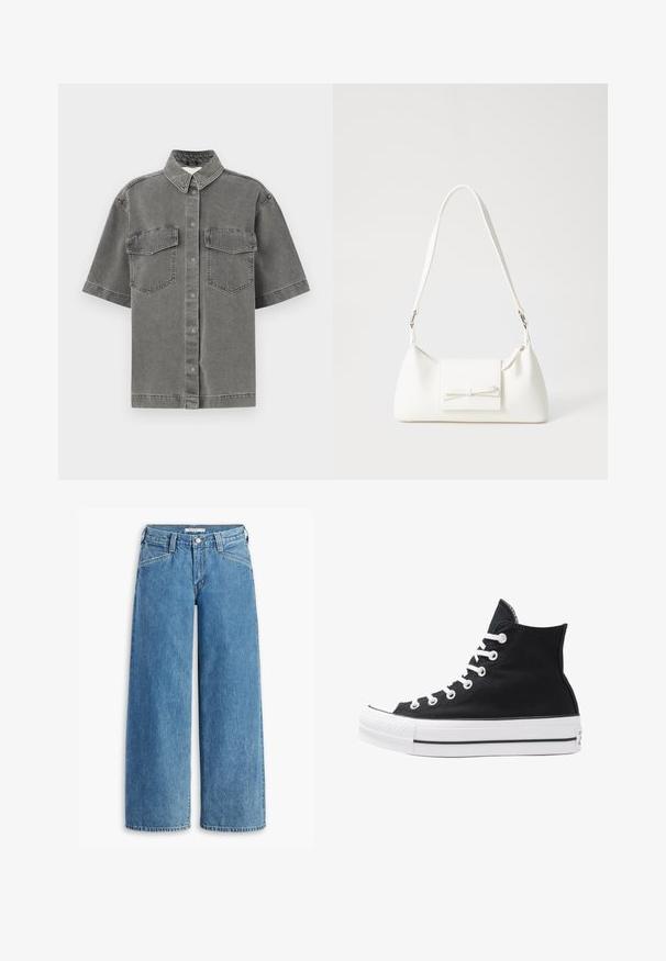 Camicia in denim grigia a maniche corte con colletto, due tasche sul petto e chiusura con bottoni. Presenta una texture scolorita e una vestibilità standard.; Jeans ampi di jeans blu chiaro, con vita alta, cinque tasche e chiusura con bottone classica. Taglio dritto dalla coscia all'orlo.; Sneaker alta nera in tela con occhielli e lacci bianchi e suola in gomma. Presenta un punta testurizzata e accenti a strisce bianche e nere.; Borsa sintetica bianca a forma triangolare, con patta anteriore piatta e dettaglio a fiocco, tracolla regolabile, texture liscia e design minimalista.