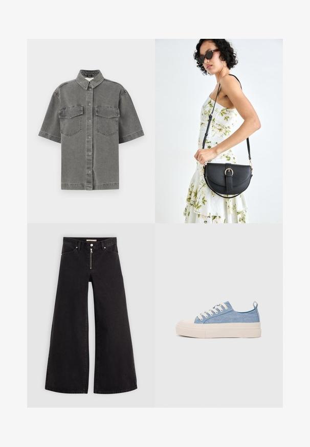 Kortermet grå denimskjorte med krage, to brystlommer og knappelukking. Har en falmet tekstur og standard passform.; Vide benbukser i sort denim med glidelås i front, fem-lomme design og subtile sømdetaljer. Glatt tekstur og avslappet stil.; Lys blå canvastøfler med en kremfarget gummitupp og yttersåle, med hvite snørebånd og en løfteløkke på hælen.; Svart lærveske med en buet form, avtagbar stropp og gullbeslag. Vesken har et klaff med spenne-detall.