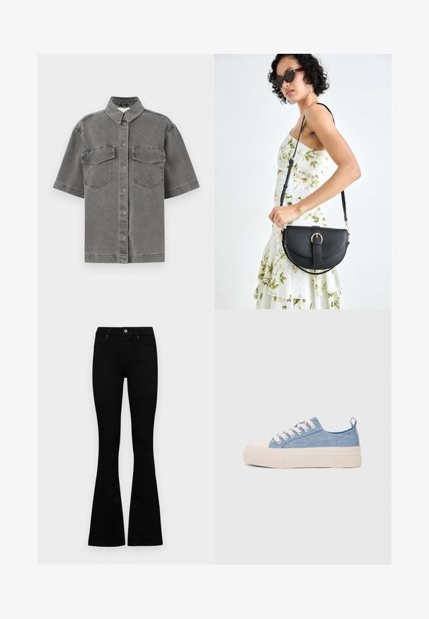 Chemise en denim gris à manches courtes avec col, deux poches poitrine et fermeture à boutons. Présente une texture décolorée et une coupe standard.; Jean noir taille haute avec fermeture à bouton et à zip, poches avant et jambes évasées, posés à plat sur un fond blanc.; Baskets en toile bleu clair avec une coque en caoutchouc crème et une semelle extérieure, dotées de lacets blancs et d'une languette au talon.; Sac à main en cuir noir avec une forme courbée, bandoulière amovible et des accessoires en or. Le sac est doté d'un rabat avec un détail de boucle.