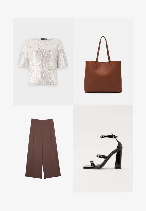 Krátky rukáv, krémový top s vyšívaným vlnovým vzorom a kovovými akcentmi. Okrúhly výstrih s hladkou textúrou a voľným strihom.; Hnedé nohavice so širokými nohavicami a hladkou textúrou, s vysokým pásom a prednými skladmi. Tkanina je ľahká a voľne sa pohybuje.; Čierne lakované sandále na podpätku so štvorcovou špičkou, navlečenými remienkami okolo členku a striebornými prackami. Disponujú masívnym blokovým podpätkom pre stabilitu.; Hnedá kožená taška na rameno s hladkou textúrou, otvoreným vrchom a dvoma ramenými popruhmi. Má minimálne šitia a žiadne viditeľné kovania.