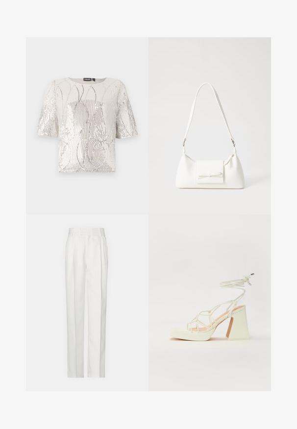 Short-sleeved, cream top with a sequined wave pattern and metallic accents. Round neckline with a smooth texture and relaxed fit.; White pinstriped trousers with a straight leg design, made from a lightweight fabric. Features pleats at the front and a traditional waistband.; White high-heeled sandal with a chunky heel, featuring a strappy design and ankle tie. Smooth texture with a platform front for added height.; White synthetic handbag with a triangular shape, flat front flap and bow detail, adjustable strap, smooth texture, and minimalistic design.