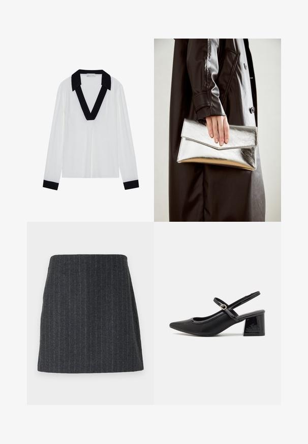 White long-sleeve top featuring a black V-shaped collar and black cuffs. Smooth fabric with a relaxed fit and minimal design.; Dark gray mini skirt made of textured fabric with vertical pinstripes. Straight cut with an elastic waistband and a smooth finish.; Black patent leather slingback heels with a pointed toe, a rounded cutout design, and a block heel. Features a gold-tone buckle accent.; Silver metallic clutch with an angular envelope design, smooth texture, and contrasting interior color, held in a hand wearing a black coat.