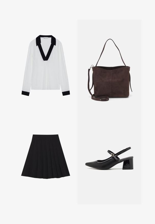 White long-sleeve top featuring a black V-shaped collar and black cuffs. Smooth fabric with a relaxed fit and minimal design.; Black pleated skirt made of textured fabric with a fitted waistband. Falls to knee length, featuring a smooth, clean silhouette.; Black patent leather slingback heels with a pointed toe, a rounded cutout design, and a block heel. Features a gold-tone buckle accent.; Brown suede tote bag with a soft texture, featuring a single shoulder strap and a subtle curved top opening. No visible hardware details.