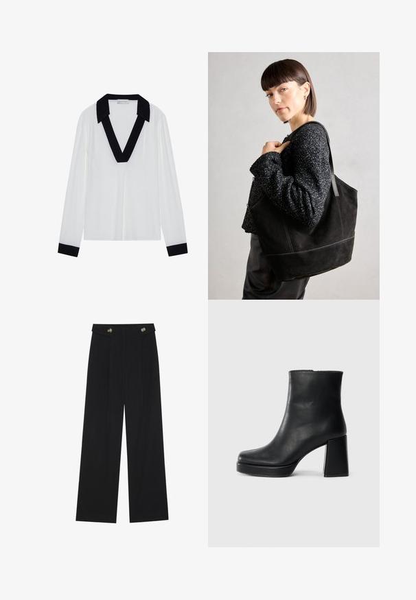 Bluză albă cu mâneci lungi, având un guler negru în formă de V și manșete negre. Material neted, cu croi lejer și un design minimalist.; Pantaloni negri cu picioare largi, talie înaltă, detalii cu butoane pe talie și pliseuri în față.; Botină din piele neagră, cu toc pătrat și talpă platformă, văzută din lateral pe un fundal alb simplu.; Geantă tote din suede negru, cu o textură netedă, formă structurată și cusături contrastante. Dispune de bretele lungi pentru purtare pe umăr.