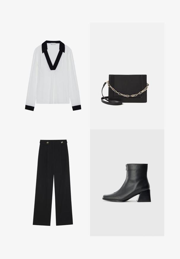 Bluză albă cu mâneci lungi, având un guler negru în formă de V și manșete negre. Material neted, cu croi lejer și un design minimalist.; Pantaloni negri cu picioare largi, talie înaltă, detalii cu butoane pe talie și pliseuri în față.; Botină neagră din piele, cu vârf pătrat, fermoar pe lateral și toc bloc, pe un fundal simplu deschis.; Geantă de umăr din piele neagră, cu o textură netedă, formă rectangulară și un detaliu din lanț metalic în față. Include curea reglabilă.