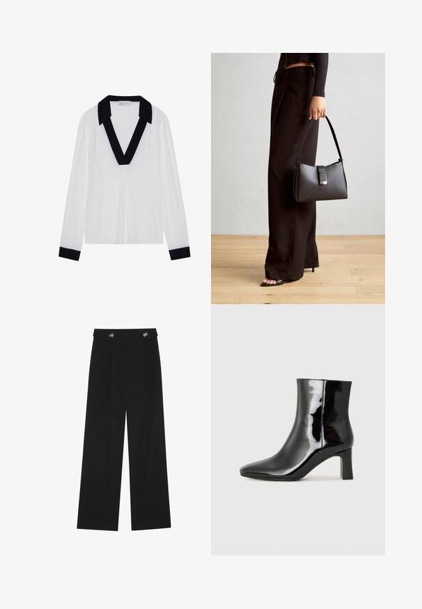 Maglietta bianca a maniche lunghe con colletto a V nero e polsini neri. Tessuto morbido con una vestibilità rilassata e design minimal.; Pantaloni neri a gamba larga con vita alta, dettagli con bottoni in vita e pieghe frontali.; Stivaletto in pelle verniciata nera con punta a punta e tacco a blocco di altezza media. Texture liscia e design minimalista.; Borsa nera con forma strutturata, texture liscia e una chiusura metallica. Abbinata a pantaloni neri larghi e sandali open-toe su un pavimento in legno.