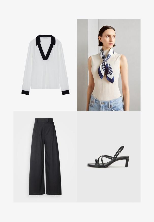 White long-sleeve top featuring a black V-shaped collar and black cuffs. Smooth fabric with a relaxed fit and minimal design.; Dark, wide-leg trousers with a structured waistband and pleats. Made of lightweight fabric, featuring a smooth texture and no visible patterns.; Black strappy sandal with a square toe and a low block heel. Features multiple thin straps and an adjustable ankle strap. Made of smooth leather.; Silk scarf in navy blue and white with a geometric zigzag pattern. Smooth texture, tied neatly around the neck, complementing a ribbed top.