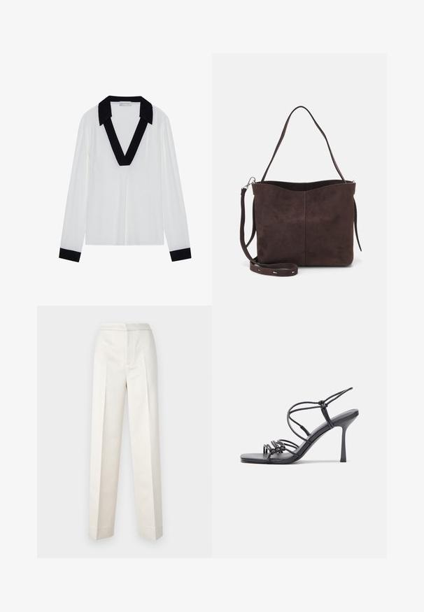 White long-sleeve top featuring a black V-shaped collar and black cuffs. Smooth fabric with a relaxed fit and minimal design.; Cream-colored trousers with a tailored fit, featuring a straight leg, smooth fabric, front pleats, and clean hem. Minimalist design.; Black high-heeled sandals feature thin straps with a knotted design, a smooth square toe, and a sleek stiletto heel.; Brown suede tote bag with a soft texture, featuring a single shoulder strap and a subtle curved top opening. No visible hardware details.
