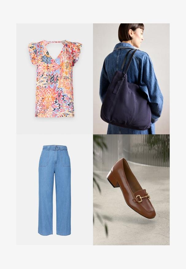 Värviline lühikeste varrukatega topp sügava V-kaelusega, millel on elav abstraktne muster roosa, oranži, sinise ja kollase tooni vahel.; Heledad sinine denimmaterjalist laiad püksid vöökohaga, kahe esikotiga ja lihtsa tekstuuriga. Iseloomustab minimalistlik disain ja puhtad jooned.; Pruunist lakknahast loafer, millel on ruudukujuline varvas, metallist ahel kaunistus ja madal plokkkonts; sile tekstuur, minimalistlik disain.; Tumesinise kangast õlalauk, millel on pehme, struktureeritud kuju, must rihm, tikandiga detailid ja väike brändi silt.