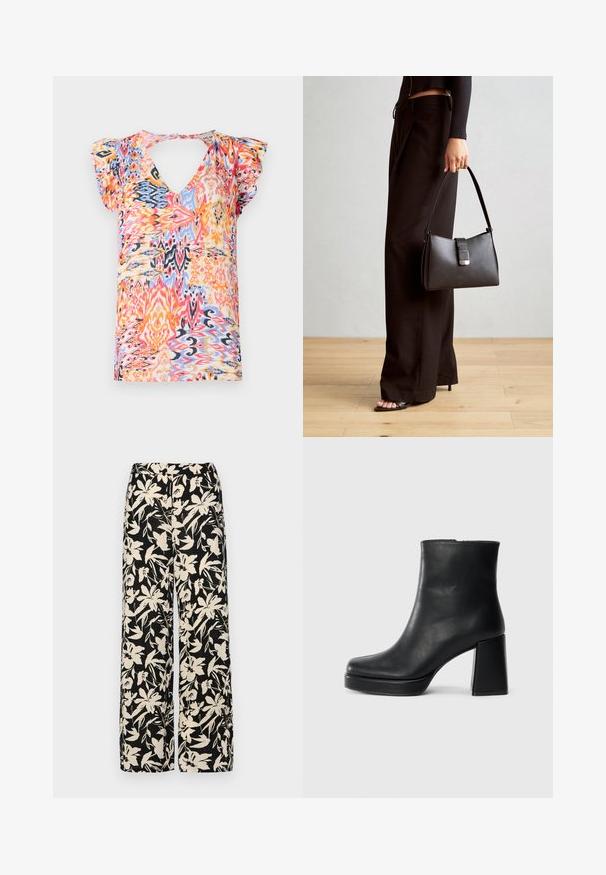 Barevný top s krátkým rukávem a hlubokým V-výstřihem, zdobený živým abstraktním vzorem v růžových, oranžových, modrých a žlutých odstínech.; Černé kalhoty s širokými nohavicemi a krémovým květinovým vzorem. Vyrobené z lehké tkaniny, s hladkým povrchem a vysokým pasem.; Černý kožený kotníkový bot s blokovým podpatkem a platformou, viděný z boku na jednoduchém bílém pozadí.; Černá kabelka se strukturovaným tvarem, hladkým povrchem a kovovým uzávěrem. Kombinována s širokými černými kalhotami a sandály s otevřenou špičkou na dřevěné podlaze.