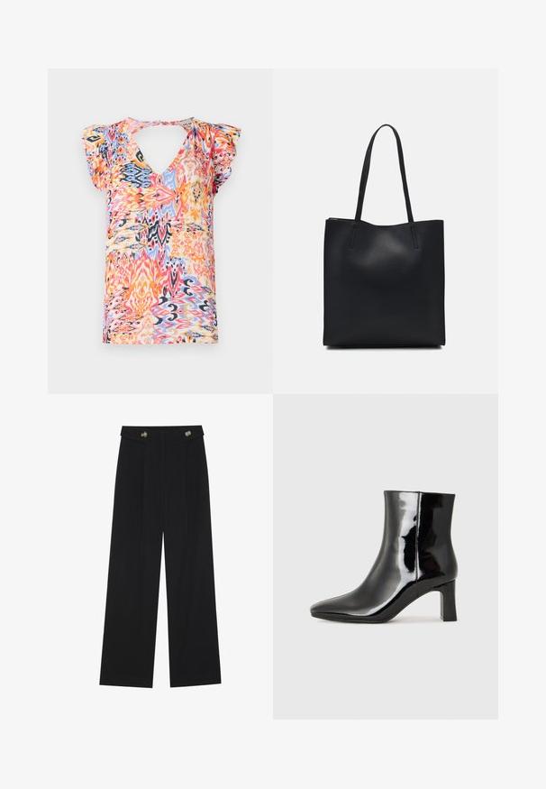 Blusa colorida de mangas curtas com um decote em V profundo, apresentando um padrão abstrato vibrante em tons de rosa, laranja, azul e amarelo.; Calças largas pretas com cintura alta, detalhes em botão na cintura e pregas frontais.; Botim de tornozelo em pele sintética preta com bico apontado e salto bloco de altura média. Textura suave e design minimalista.; Bolsa tote preta em couro com textura lisa, forma retangular e duas alças longas. Sem hardware ou enfeites visíveis.
