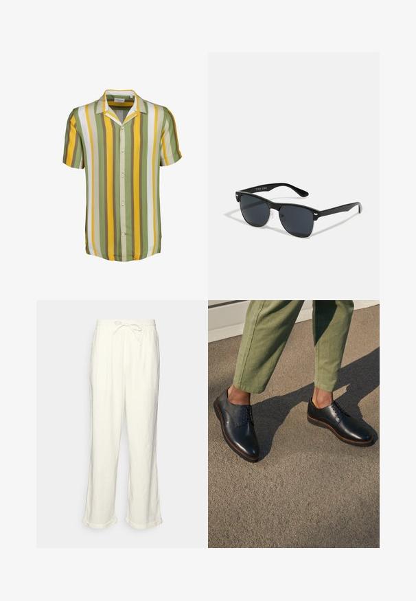 Knap-up kortærmet skjorte med grønne, gule og hvide lodrette striber, med en camp krave og rundet søm. Glat stoftekstur.; Linnedbukser i off-white med snoreliv, let brede ben og opsmøgede manchetter til en afslappet pasform. Ingen lommer.; Sorte læder herresko med spidse tæer, der har snørebånd og lysebrunt syning, parret med olivengrønne bukser.; Sorte solbriller med rektangulær form, mørke linser, sølvdetaljer ved tindingerne og en mat finish på stellet.