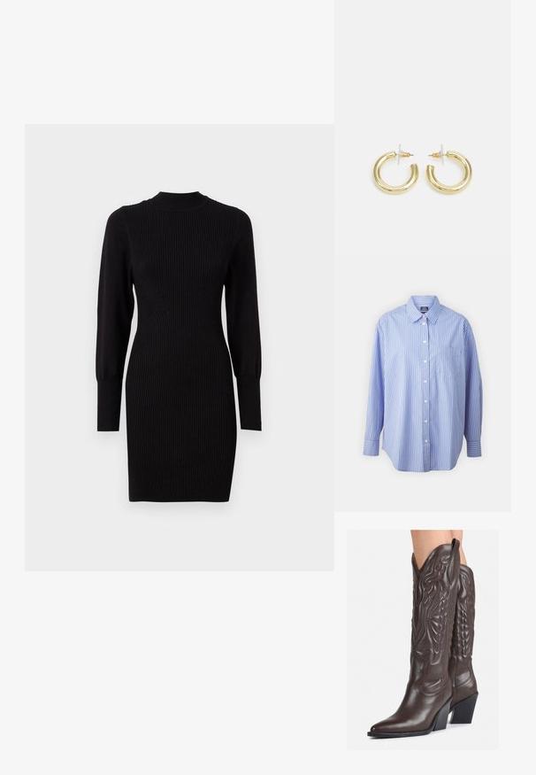 GAP THE BIG SHIRT - Cămașă - blue/white; Rochie neagră din tricot cu model cu caneluri, cu decolteu rotund, mâneci lungi și formă ajustată, având linii verticale subtile și mâneci conice.; Bocanci de cowboy din piele maro, cu vârf ascuțit și toc pătrat, având cusături detaliate și accente ridicate pe tijă.; Geantă mică de crem cu un finisaj texturat, curea lungă și ajustabilă, accent cu lanț și închidere cu clapetă. Detalii din hardware aurie.; Cercei cercuri din aur cu un finisaj neted și strălucitor. Design circular cu un mic suport și un spate transparent pentru o purtare sigură.