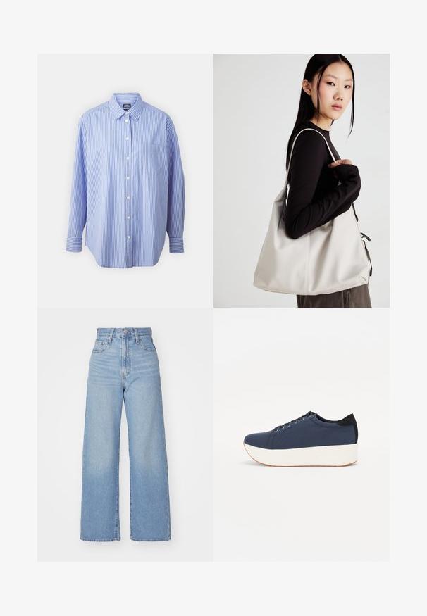 GAP THE BIG SHIRT - Camicia - blue/white; Jeans a vita alta blu chiaro con gamba larga, chiusura frontale con bottone e zip, tasche anteriori e posteriori, su uno sfondo bianco.; Sneaker blu navy con tomaia in tessuto texturizzato, suola piatta bianca, punta arrotondata e accentuazione nera sul tallone. Presenta sei fori per i lacci.; Borsa a mano beige realizzata in materiale morbido, caratterizzata da un design morbido, dettagli cuciti e due manici. Adatta per l'uso quotidiano.