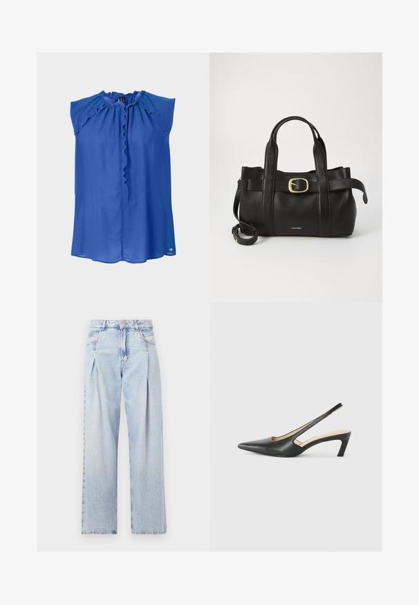 Blouse sans manches bleue avec un col froncé, texture lisse et coupe légèrement loose. Présente une fermeture à boutons et un logo discret au bas.; Jeans en denim bleu clair avec taille haute, coupe large, deux poches latérales et design plissé. Texture douce avec une finition décolorée.; Slingback noir à bout pointu avec un petit talon, en cuir lisse et doté d'un design découpé sur le côté pour plus de respirabilité.; Sac à main en cuir noir présentant un design structuré, deux poignées supérieures, un accent de boucle en ton doré et un logo de la marque en relief à l'avant.