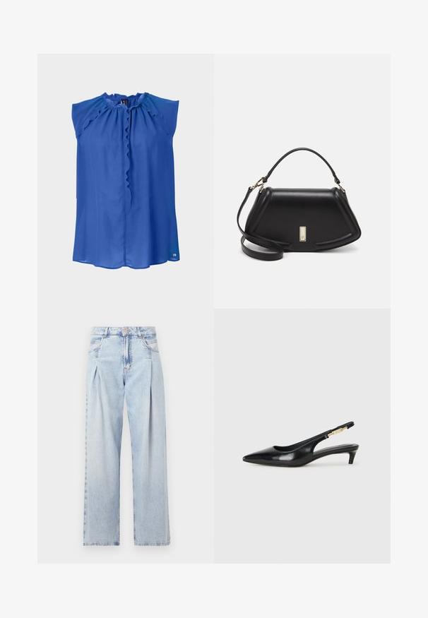 Sinine varrukateta pluus lühikeste varrukatega, volditud kaelusega, siledast materjalist ja veidi vabast lõikega. Varustatud nupuga sulgemise ja diskreetse logoga alläärtes.; Heledad sinise denimist valmistatud teksapüksid kõrge vöökohaga, laia jala lõikega, kahe külje taskuga ja pleedi disainiga. Pehme tekstuur ja pleekinud viimistlus.; Mustad nahast slingback kontsad terava ninaga, millel on õhuke konts ja kuldse tooni aktsent reguleeritaval rihmal. Sile tekstuur.; Must mustrist käekott, millel on struktureeritud disain, lühendatud kuju, ülemine käepide ja kuldne metallist detail. Reguleeritav õlalihm on kaasas.
