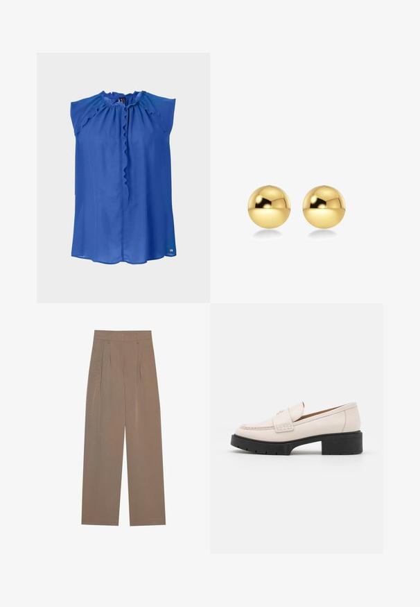 Blå ærmeløs bluse med rynket hals, glat tekstur og en let løstsiddende pasform. Har en knaplukning og et diskret logo ved sømmen.; Brune plisserede bukser med bred ben-design, der har en flad talje og sidelommer, lavet af et letvægtsstof.; Lys beige læder loafers med en syet front og en tekstureret sort platformhæl. Har et buet design og en let hævning.; Guldfarvede, sfæriske øreringe med en skinnende, reflekterende overflade. Designet er enkelt og glat, hvilket skaber et moderne, minimalistisk udseende.