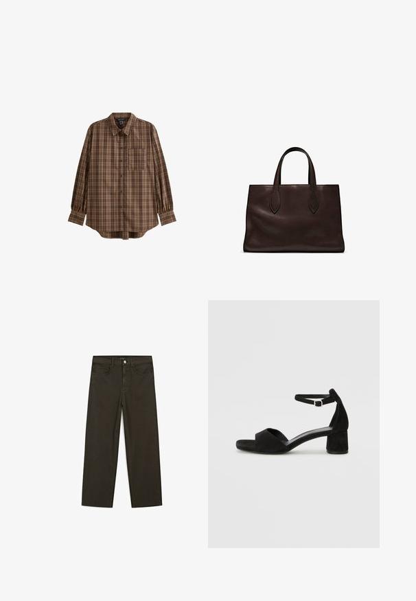 Bruine geruite overhemden met lange mouwen, een borstzak en een relaxte pasvorm. Bevat een klassieke kraag en een subtiele textuur in de stof.; Donkergroene wijde jeans van een katoenmix, met een sluiting met een voorste knop, vijf zakken en klassieke denimstiksels.; Zwarte suede hakken met een dunne enkelband, open teen ontwerp en een bescheiden blokhak. Zachte textuur en minimale accenten.; Bruine leren tote bag met twee verlengde handvatten, gestructureerde rechthoekige vorm, gladde textuur en subtiele stiksels.