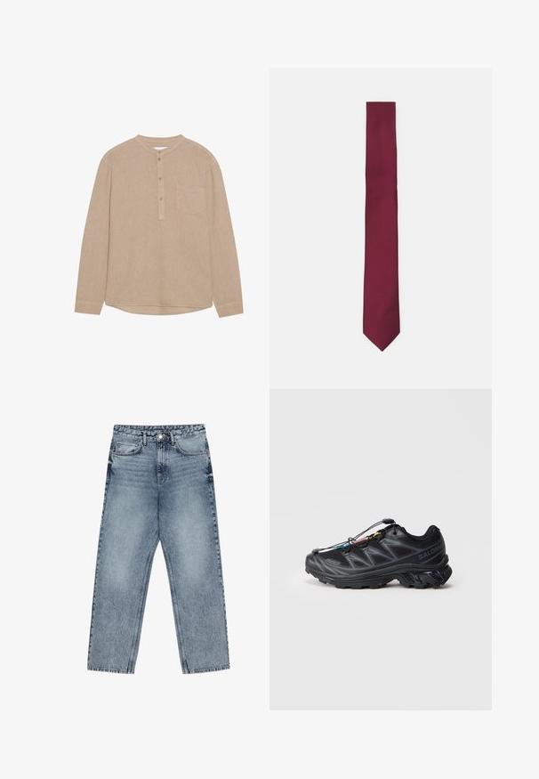 Camicia beige a maniche lunghe con scollatura henley, patta di bottoni, tasca sul petto sinistro, texture morbida e orlo arrotondato.; Jeans in denim azzurro chiaro con taglio a gamba dritta, cuciture visibili, design a cinque tasche e chiusura a bottoni in vita.; Scarpa sportiva nera con tomaia in mesh testurizzato, punta rinforzata e sistema di allacciatura rapida. Presenta una suola robusta e una leggera elevazione del tacco.; Cravatta bordeaux con un motivo testurizzato e diagonale. Forma slim e punta appuntita. Finitura in tessuto liscia. Priva di hardware o dettagli visibili.