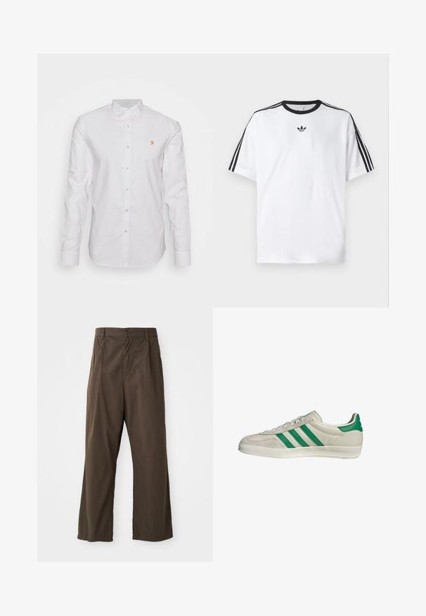 Camicia bianca a maniche lunghe in cotone, con colletto a punta, bottoni frontali e un piccolo logo dorato sul petto.; Maglietta bianca in cotone, con scollatura rotonda nera e tre strisce nere su ciascuna spalla. Piccolo logo nero sul petto.; Pantaloni marroni a gamba larga in cotone con chiusura anteriore a bottoni, passanti per la cintura e una superficie liscia e opaca.; Sneaker beige con strisce verdi, con suola bianca e tomaia in pelle liscia. Vista laterale che evidenzia i dettagli dei lacci e il logo.
