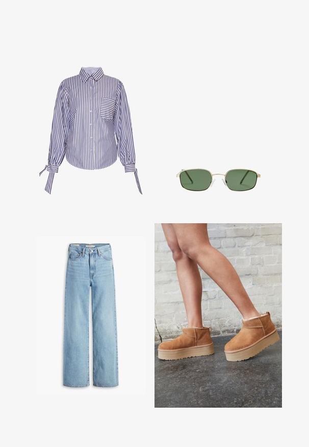 Blue and white striped button-up shirt with a collared neck, long puffed sleeves, and a chest pocket. Fabric has a smooth texture.; High-waisted, light blue wide-leg jeans with front button and zipper, belt loops, and five-pocket styling.; Brown suede ankle boots with a plush lining, thick beige platform sole, and a rear pull tab. Textured surface with visible stitching details.; Sunglasses with a gold metal frame, green lenses, rectangular shape, and clear plastic nose pads. Thin, slender temples with minimal design.; Gold mesh strap watch with a round case. White dial features gold hour markers and crystal accents. Brand name "GUESS" displayed.