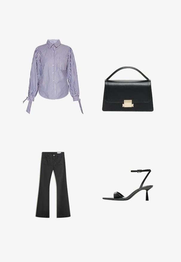 Blau-weiß gestreiftes Hemd mit Kragen, langen Puffärmeln und einer Brusttasche. Der Stoff hat eine glatte Textur.; Schwarze Schlagjeans aus Denim mit glatter Textur, ausgestattet mit zwei Gesäßtaschen und einem Knopfverschluss an der Taille.; Bershka High Heel Sandalette - black; Schwarze Lederhandtasche mit strukturiertem Design, oberem Griff und einem goldenen Metallschnappverschluss auf der Vorderseite. Glatte Textur, minimale Nähte.