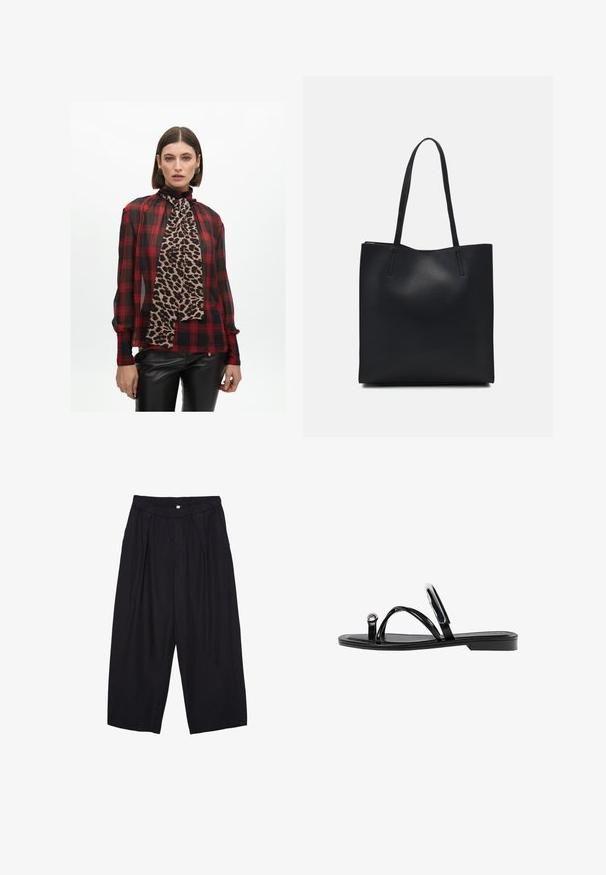 Karo bluza crvene i crne boje s visokim ovratnikom i detaljem šal od leopard printa; prozirna tkanina; upotpunjena crnim kožnim hlačama.; Crne poliester hlače culotte s elastičnim pojasom, dva prednja nabora i širokim krojem. Nema vidljivih uzoraka ili metalnih detalja.; Crne ravne sandale s sjajnom završnom obradom, tri tanke trake i kružna metalna detalj na prstu. Elegantni dizajn s minimalnim potplatom.; Crna kožna torba za nošenje s glatkom teksturom, pravokutnim oblikom i dvije duge ručke. Nema vidljivih metalnih dijelova ili ukrasa.