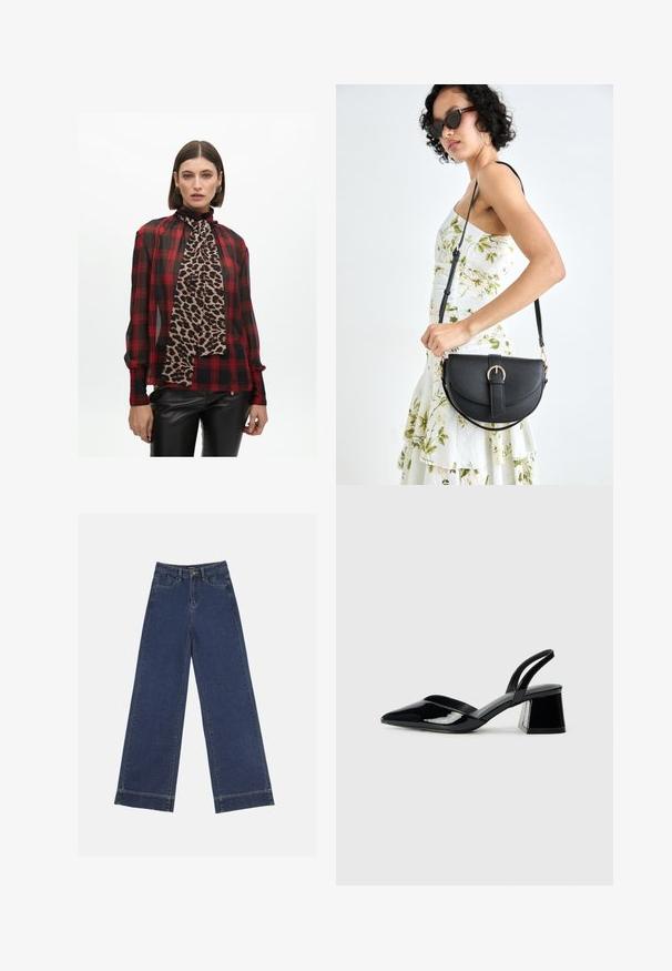 Hedvábná blůza s červeným a černým kostkovaným vzorem a vysokým límcem, doplněná leopardím šátkem; průhledný materiál; v kombinaci s černými koženými kalhotami.; Džíny s širokými nohavicemi v tmavě modrém denimovém provedení. Disponují pěti kapsami, poutky na opasek a surovým lemem na spodní straně s viditelnými detailem šití.; Černé lakované kožené lodičky na pásku s špičatou špičkou a geometrickým blokovým podpatkem. Vyznačují se elegantním, minimalistickým designem a hladkým povrchem.; Černá kožená kabelka s křivkovým tvarem, odnímatelným popruhem a zlatými detaily. Kabelka má klopu s přezkou.