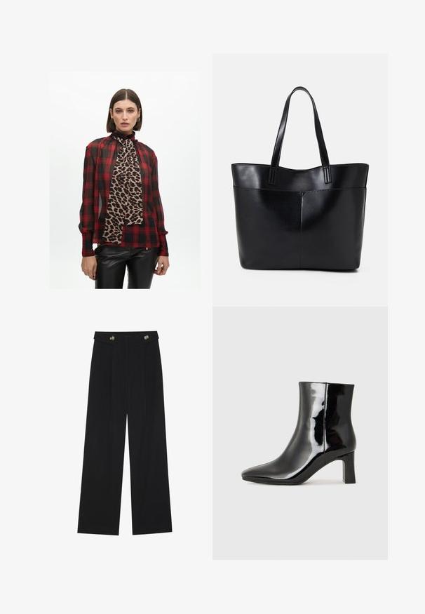 Rot-schwarz kariertes Blusenshirt mit hochgeschlossenem Kragen und Leopardenmuster-Schaldetail; durchscheinender Stoff; abgerundet mit schwarzen Lederhosen.; Schwarze weite Hosen mit hoher Taille, Knopfdetails am Bund und vorderen Falten.; Schwarzer Lackleder-Stiefelette mit spitzer Zehe und einem mittelhohen Blockabsatz. Glatte Textur und minimalistisches Design.; Schwarze Leder-Shopper-Tasche mit zwei langen Griffen, einer glatten Textur und einer strukturierten Form. Verfügt über eine Vordertasche für zusätzlichen Stauraum.