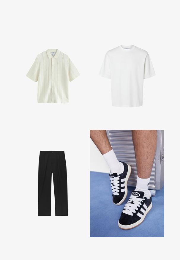 Cardigan tricotat cu mânecă scurtă, de culoare crem, având închidere cu butoane, guler și un model texturat cu cusături deschise pe întreaga suprafață.; Tricou alb din bumbac, cu mâneci scurte, guler rotund și o croială lejeră. Textură netedă, fără modele sau accente vizibile.; Pantaloni negri cu un design drept, fabricați dintr-un material neted. Au plisse în față și un sistem de închidere cu un singur buton la talie.; Adidași negri din suede cu șireturi albe și trei dungi albe. Au un logo circular negru pe limbă și o talpă din cauciuc de tip gumă.