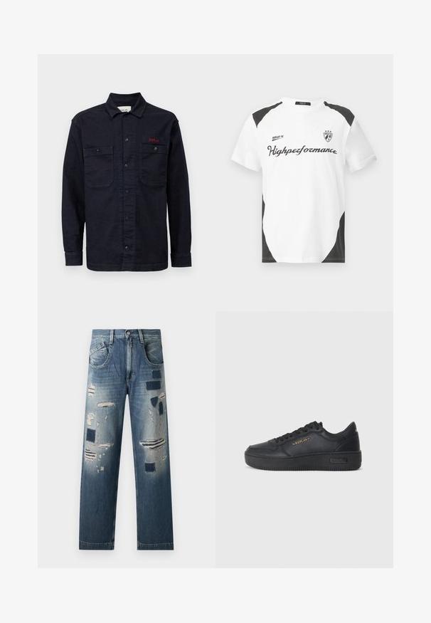 Granatowa koszula dżinsowa z długimi rękawami, zapinana na guziki z dwiema kieszeniami na piersi i małym czerwonym logo "REPLAY" na lewej kieszeni.; Biała koszulka z krótkim rękawem z czarnymi akcentami. Posiada logo "REPLAY FC" oraz tekst "Highperformance" w sportowej czcionce. Wykonana z gładkiego materiału.; Jeans denimowe z przetarciami i różnymi odcieniami niebieskiego, z prostym krojem nogawki i tradycyjnym pięciopolowym wzorem.; Replay EPIC HIGH czarny