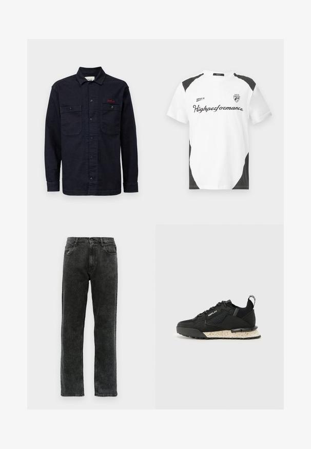 Σκούρο μπλε τζιν πουκάμισο με μακριά μανίκια, κουμπωτό μπροστά, δύο τσέπες στο στήθος και ένα μικρό κόκκινο λογότυπο "REPLAY" στην αριστερή τσέπη.; Λευκό T-shirt κοντομάνικο με μαύρες λεπτομέρειες. Διαθέτει το λογότυπο "REPLAY FC" και το κείμενο "Highperformance" σε αθλητική γραμματοσειρά. Φτιαγμένο από ένα λείο ύφος.; Μαύρα τζιν παντελόνια με ίσια γραμμή, διαθέτουν πέντε τσέπες, κλείσιμο με κουμπί και ελαφριά φθορά στο ύφασμα.; Replay FIELD MELT 25 - Αθλητικά παπούτσια - black