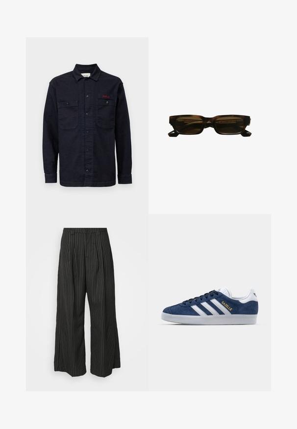 Granatowa koszula dżinsowa z długimi rękawami, zapinana na guziki z dwiema kieszeniami na piersi i małym czerwonym logo "REPLAY" na lewej kieszeni.; Czarne spodnie w szerokie nogawki w paski, z zakładkami, charakteryzujące się dopasowanym krojem i miękką teksturą. Brak widocznych metalowych elementów lub akcentów.; Granatowe zamszowe sneakersy z białymi skórzanymi akcentami, trzema białymi paskami i złotym logo "Gazelle". Okrągła gumowa podeszwa, niski krój.; Okulari w kształcie prostokąta w kolorze żółwim z ciemnymi soczewkami, grubymi ramkami akrylowymi i kanciastymi zausznikami. Nazwa marki widnieje na wewnętrznej stronie zauszników.