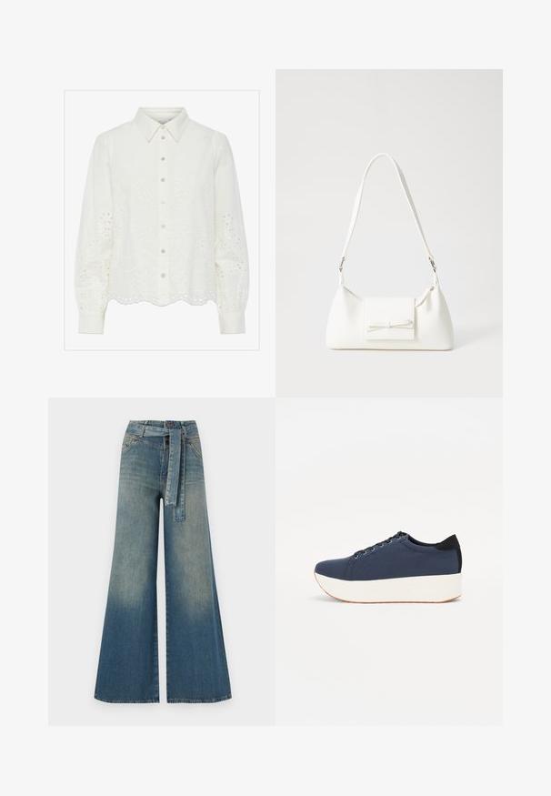 Bílá halenka s dlouhým rukávem a zapínáním na knoflíky, zdobená květinovým vyšíváním a zvlněným lemem. Jemná bavlněná tkanina a strukturovaný límeček.; Džínové kalhoty širokého střihu s přechodem od světlé k tmavě modré, vysokým pasem, poutky na opasek a odpovídajícím opaskem ze stejného materiálu. Texturovaná džínovina.; Námořnické modré tenisky s texturovaným textilním svrškem, bílou platformovou podrážkou, kulatou špičkou a černým akcentem na patě. Obsahují šest očíček pro tkaničky.; Bílá syntetická kabelka v trojúhelníkovém tvaru, s plochým předním klopným víkem a detailem mašle, nastavitelným popruhem, hladkým povrchem a minimalistickým designem.