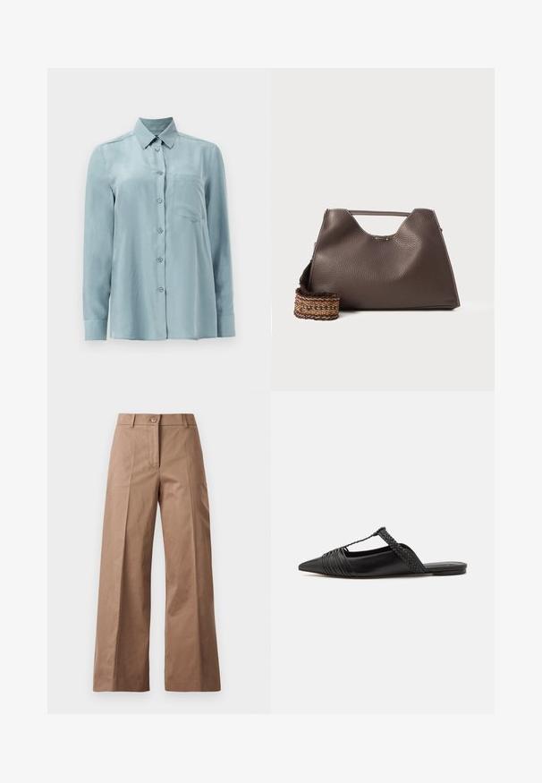 Svetlo modrá košeľa s dlhým rukávom vyrobená z hladkej tkaniny, s gombíkovým zapínaním, golierom a jedným vreckom na hrudi.; Hnedé nohavice s širokými nohavicami vyrobené z hladkej látky, s predným zapínaním na gombík, dvoma prednými vreckami a čistými, precízne vykrojenými líniami.; Čierne kožené sandále so špičatou špičkou, ktoré majú tkaný detail a zborený dizajn vrchnej časti. Plochá podrážka s minimálnym hardvérom.; Hnedá kožená kabelka s textúrovaným povrchom, ostrým dizajnom a charakteristickou hornou rúčkou. Obsahuje detail so vzorovaným tkaným pásikom.