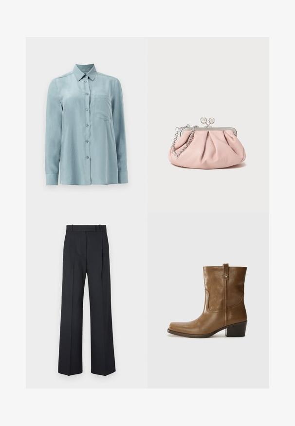Lichtblauw overhemd met lange mouwen, gemaakt van een gladde stof, met een knoopsluiting aan de voorkant, een kraag en een enkele borstzak.; Donkerblauwe pinstriped broek met een hoge taille, wijde pijpen en zonder zichtbare hardware of versieringen. Glad textuur en nauwkeurige pasvorm.; Bruine lederen enkelboot met een vierkante neus, gestructureerde afwerking en een lage blokhak. Voorzien van een handige achterste lus en subtiele stikdetails.; Roze leren clutch tas met een geplooid ontwerp, metalen frame, twee ronde sluitingen en een zilveren schouderband. Gladde textuur, compacte vorm.