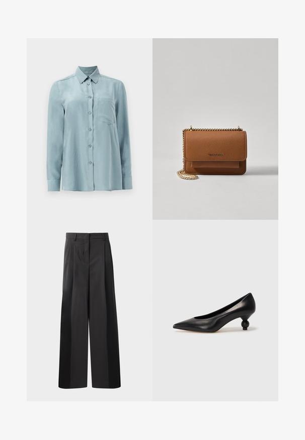 Chemise à manches longues bleu clair en tissu lisse, avec un front à boutons, un col et une poche poitrine simple.; Pantalon large noir avec une taille haute, doté de plis avant, d'une texture lisse et d'une finition ajustée. Conçu pour un ajustement décontracté.; Chaussure à talon haut en cuir noir avec un bout pointu et un talon arrondi. Texture lisse avec un design épuré et minimal.; Sac en cuir texturé marron en bandoulière avec une sangle en chaîne dorée et une fermeture à rabat. L'avant présente un détail de logo et une poche sous le rabat.