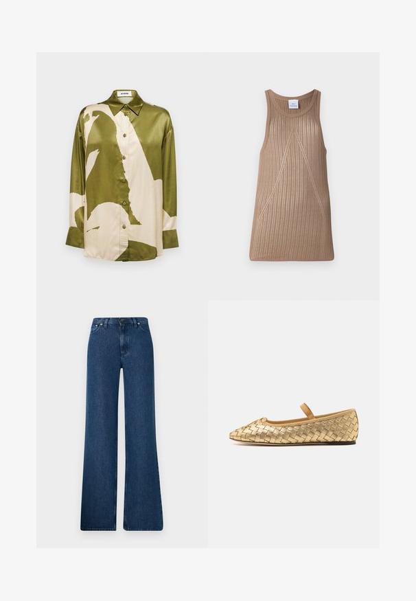 Satin shirt in olijfgroen en roomwit, met een groot abstract patroon, puntkraag en knopen vooraan met lange mouwen.; Beige, mouwloze trui van breiwerk met een geribbelde textuur, met een A-lijnvorm en subtiele diagonale stikseldetails.; Blauwe denim flared jeans met een hoge taille, vijf-pocket ontwerp en metalen knoopsluiting. Gladde textuur, casual stijl en minimale stiksels.; Loeffler Randall LEONIE SOFT BALLET FLAT - Ballerina's met enkelbandjes - gold