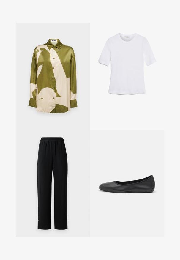 Chemise en satin vert olive et crème, ornée d'un grand motif abstrait, col pointu et patte de boutonnage à l'avant avec manches longues.; T-shirt blanc à manches courtes en tissu côtelé. Col rond, coupe régulière et détails de couture subtils. Aucune motif ni graphique.; Pantalons larges noirs en tissu lisse avec une taille élastique. Présentent une coupe droite et un minimum de détails. Conviennent pour un usage décontracté.; Ballerines en cuir noir avec un bout rond, texture lisse, détails de couture minimalistes et design de semelle flexible.