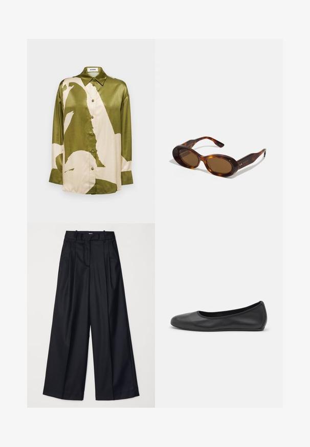 Satin shirt in olive green and cream, featuring a large abstract pattern, pointed collar, and button-down front with long sleeves.; Black wide-leg trousers made of smooth fabric, featuring a high waist, pleats, and a tailored design. Simple black hardware at the waist.; Black leather ballet flat with a rounded toe, smooth texture, minimal stitching detail, and a flexible sole design.; Tortoiseshell sunglasses with oval lenses, brown tint, and gold accents on the arms. Thick frames with a glossy finish and smooth texture.