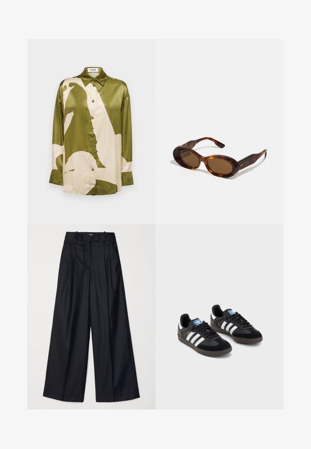 Camisa de satén en verde oliva y crema, con un gran patrón abstracto, cuello de punta y frente abotonado con mangas largas.; Pantalones de pierna ancha negros, confeccionados en una tela suave, con una cintura alta, pliegues y un diseño ajustado. Accesorios sencillos en negro en la cintura.; Zapatillas negras con un upper de ante y sintético, con tres rayas blancas, suela de goma texturizada y etiqueta de logo azul en la lengüeta.; Gafas de sol carey con lentes ovalados, tono marrón y detalles dorados en las patillas. Montura gruesa con un acabado brillante y textura suave.