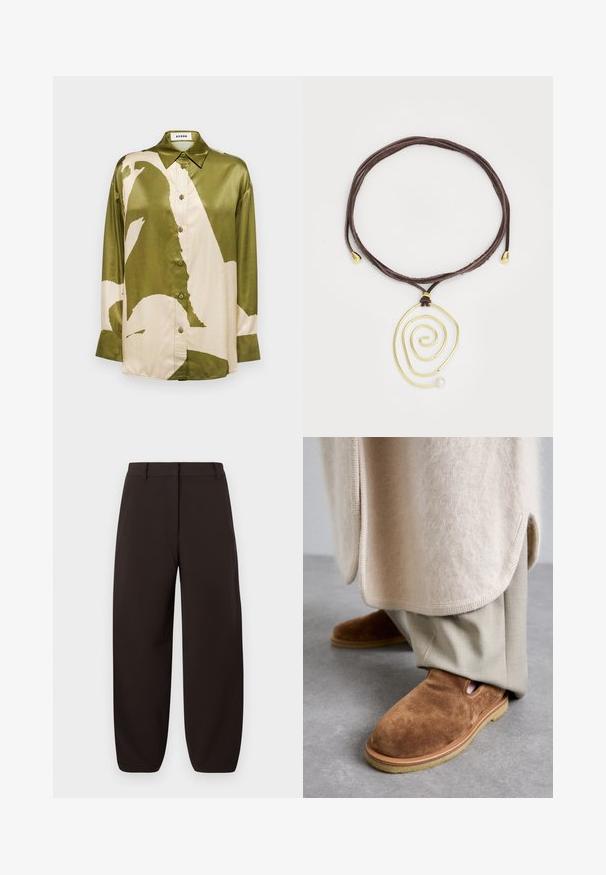 Cămașă din satin în verde măslin și crem, având un model abstract mare, guler ascuțit și închidere cu nasturi, cu mâneci lungi.; Pantaloni largi, de culoare maro închis, confecționați dintr-un material neted, cu fața plată, curea de prindere și mansete înguste la glezne. Fără modele sau elemente metalice vizibile.; Pantofi slip-on din suede maro, cu vârf rotund, talpă din cauciuc și detalii cu decupaj lateral, asortați cu pantaloni bej deschis, ajustați.; Pandantiv spiral auriu cu o perlă albă pe un șnur din piele maro. Pandantivul are linii netede și fluide, precum și accente metalice.