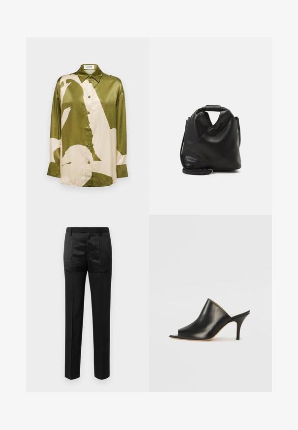 Chemise en satin vert olive et crème, ornée d'un grand motif abstrait, col pointu et patte de boutonnage à l'avant avec manches longues.; Pantalons noirs ajustés avec des jambes droites et une taille avec passants de ceinture, présentant un mélange de panneaux de tissu mats et brillants.; Mule ouverte en cuir noir avec un design élégant et courbé, un talon aiguille haut et une texture lisse. L'intérieur présente une couleur claire contrastante.; Sac en cuir noir et doux avec un design torsadé unique. Doté d'une courte poignée et d'une bandoulière amovible. Style minimaliste.