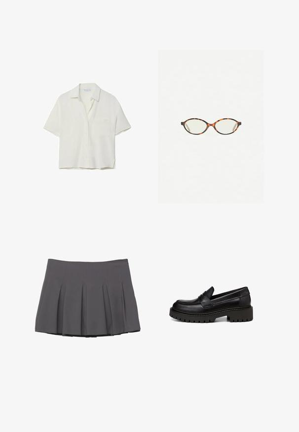 Short-sleeve, white shirt made of a soft material, featuring a collar, button front, and single chest pocket. Smooth texture, relaxed fit.; Gray pleated skirt with a smooth texture, featuring stitched detailing and a fitted waistband, finishing at mid-thigh length.; Marc O'Polo LOAFER MIT ROBUSTER PROFIL - Slip-ons - black; Tortoiseshell eyeglasses with oval lenses and a sleek, smooth finish. Features thin sides with a subtle curve at the temples. Clear lenses.
