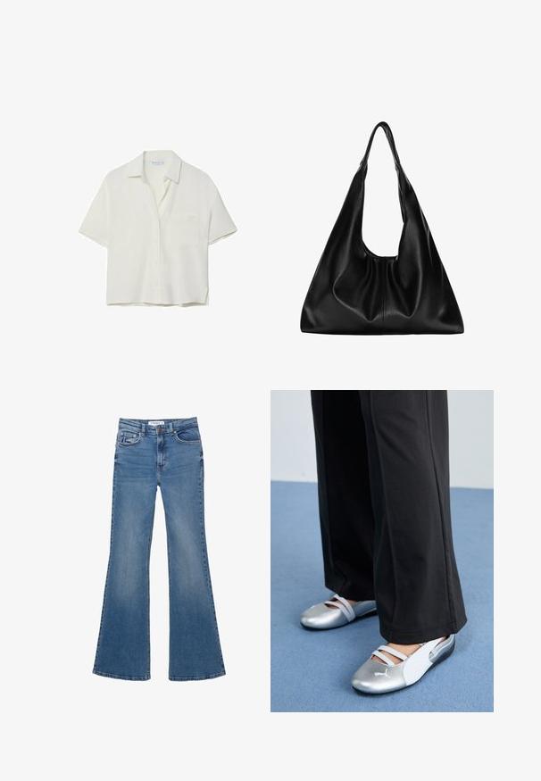 Krátký rukáv, bílá košile vyrobená z měkkého materiálu, s límečkem, zapínáním na knoflíky a jednou náprsní kapsou. Hladký povrch, volný střih.; Modré džínové kalhoty s rozšířenými nohavicemi, předními a zadními kapsami, poutky na opasek a zapínáním na knoflík, ležící na bílém pozadí.; Stříbrné a bílé ploché boty s křížovými pásky a texturovaným detailem, doplněné volnými černými kalhotami. Umístěno na modré podlaze.; Černá kožená hobo taška s měkkým, zakřiveným tvarem. Obsahuje široké horní ucho a na základně se shromažďuje, což vytváří uvolněnou texturu.