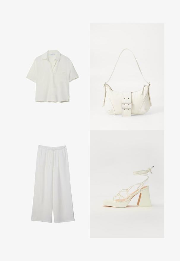 Short-sleeve, white shirt made of a soft material, featuring a collar, button front, and single chest pocket. Smooth texture, relaxed fit.; White wide-leg trousers made of lightweight fabric, featuring an elastic waistband and a drawstring for adjustable fit. Smooth texture.; White high-heeled sandal with a chunky heel, featuring a strappy design and ankle tie. Smooth texture with a platform front for added height.; White shoulder bag with a textured finish, a central buckle accent, and a curved shape. Zipper closures on both sides.