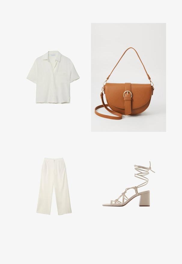 Kratka rokavna bela srajca iz mehkega materiala, z ovratnikom, gumbastim zapenjanjem spredaj in enim žepom na prsih. Gladka tekstura, sproščen kroj.; Hlače širokih nogavic iz kremaste tkanine z gladko teksturo, z enim sprednjim gumbom, diskretnimi plisami in visokim pasom.; Mango Sandali - off-white; Rjava usnjena torbica prek telesa s ukrivljeno obliko, zlate opreme in sponko. Ima odstranljiv naramni trak.