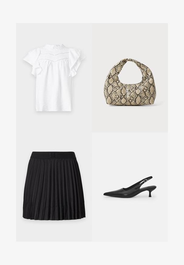 Biela blúzka s krátkym rukávom a vysokým výstrihom, s plisovanými detailmi a naberanými rukávmi, vyrobená z ľahkej, štruktúrovanej látky.; Čierna plisovaná sukňa s hladkou textúrou, s pevným čiernym pásom a vyrazeným logom na prednej strane.; Čierne kožené sandále s úzkym špičatým prstom a štíhlym zakriveným podpätkom. Majú diskrétny nastaviteľný popruh s kovovou sponou.; Kabelka s hadím vzorom a zakriveným rukoväťou. Vyrobená z textúrovaných béžových a hnedých materiálov, s charakteristickým diamantovým vzorom.