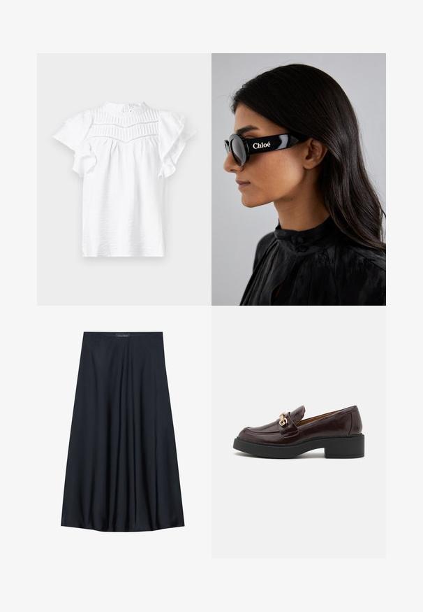 Hvid kortærmet bluse med høj hals, der har plisserede detaljer og flæser på ærmerne, lavet af et let, struktureret stof.; Sort, knælang nederdel lavet af letvægtsstof med et svævende design. Har en glat tekstur og subtile plisseringer for en ekstra detalje.; Brune læder loafer med en guldaccent spænde, sort blokhælt og en glat tekstur. Sidevisningen viser en rund tå og stikninger.; Sorte solbriller med runde linser og markante, vinklede stel med mærket "Chloé" i hvidt på siden. Glat, blank finish.; Brun læderhandtaske med tekstureret overflade, guldfarvet hardware, tophanke og aftagelig skulderrem; har en frontklap med låsemekanisme.; Guldtonet rektangulær armbåndsur med en hvid skive, sølvtonede time markører og et holdbart metalled. Vandafvisende funktion inkluderet.
